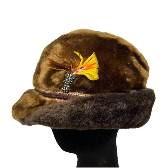 Faux Fur Vintage Fedora Alpine Hat Cap Ear Flaps Feather Brown Retro Made in USA - Picture 3 of 10